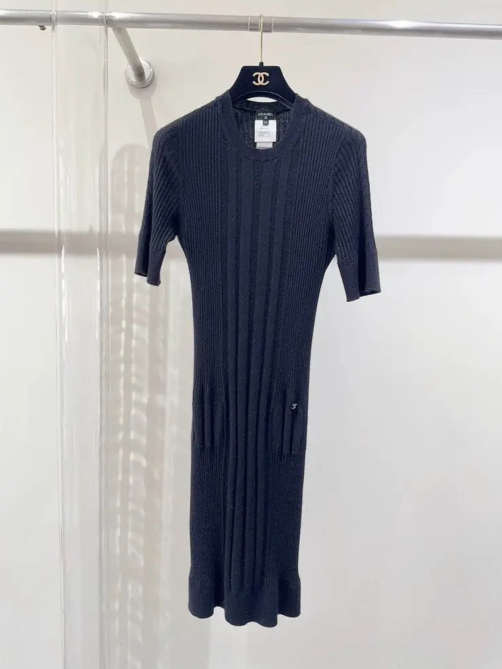 CHANEL Black Ribbed Knit Maxi Dress with Signature CC Pocket